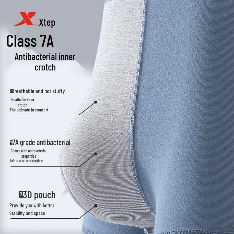 XTEP Men's 80-Count Pure Cotton 7A Anti-Bacterial Boxer Briefs (3-Pack)