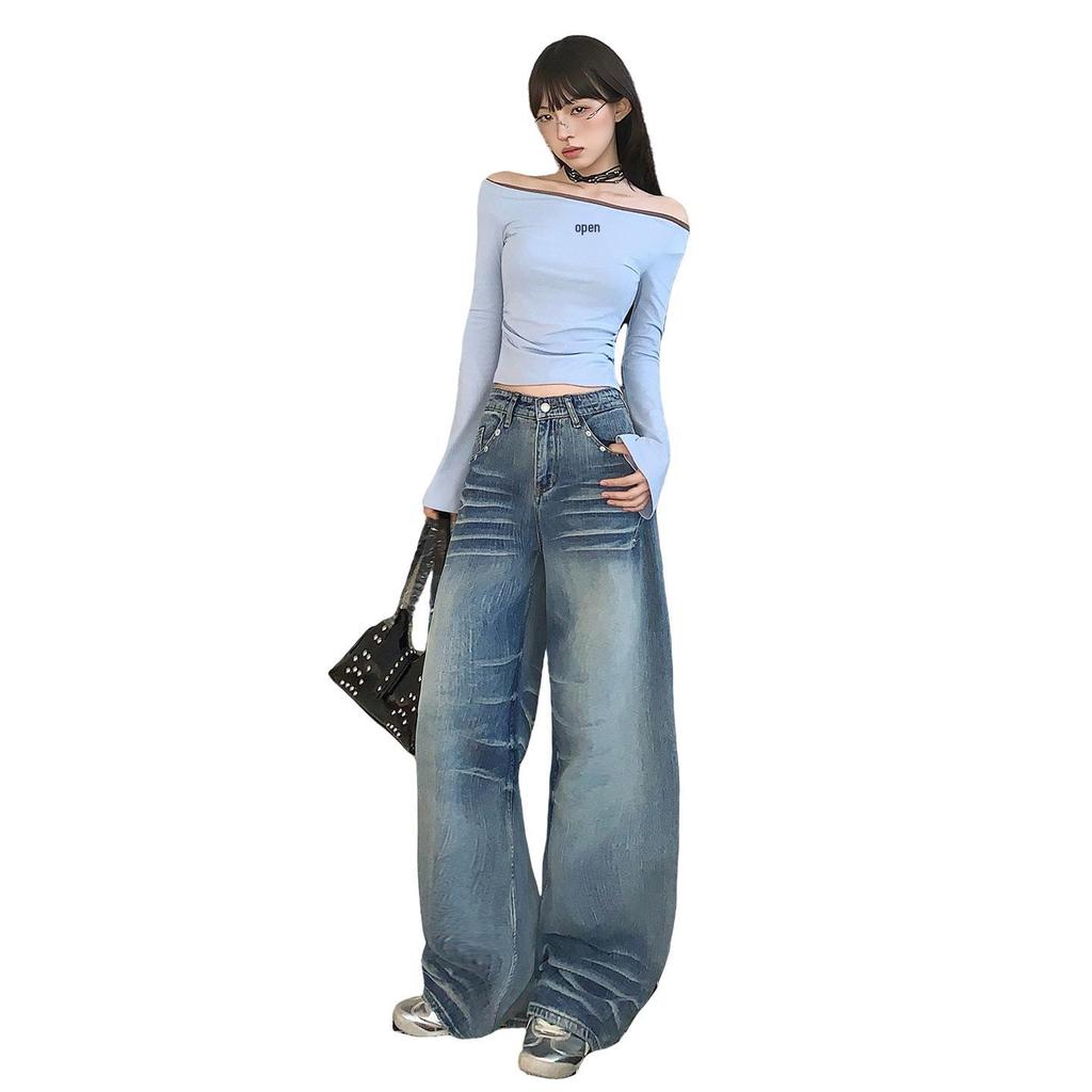 Women's 2025 Autumn Trend: Loose Wide-Leg Scimitar Jeans with a Wrinkled Design