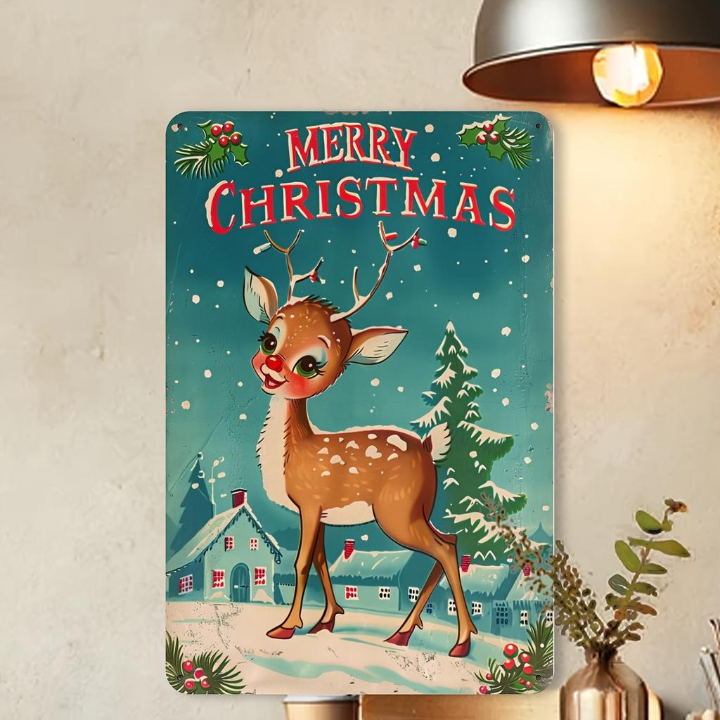 1pc Vintage Christmas Reindeer Iron Tin Sign, 8x12 Inches, Merry Xmas Wall Decor for Home, Bar, Cafe, School, Library, Garage
