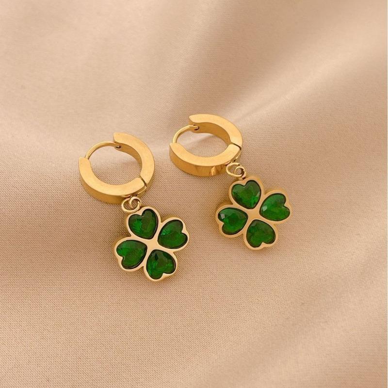 Gold Plated Stainless Steel Green Clover Jewelry Set (Earrings, Bracelet & Necklace)