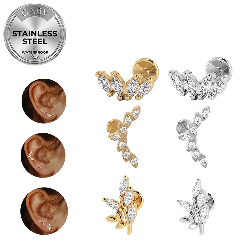Euro Cross 316L Medical Grade Stainless Steel Leaf-Shaped Internal Thread Ear and Lip Stud