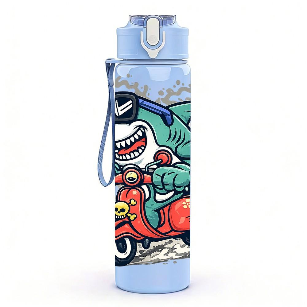 1PC Cool Fox Riding Motorcycle Cartoon Print 750ml Color Plastic Sports Water Bottle Leakproof Flip Straw Lid Suitable for Sports Office Home Use