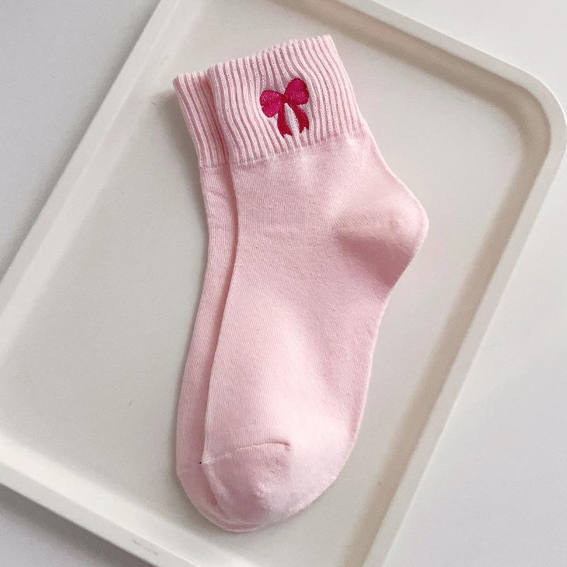 Socks, Pink Socks, Summer and Spring Mid-length Cotton Socks with Sweet Bows and Embroidery for Moisture Absorption and Odor Prevention.