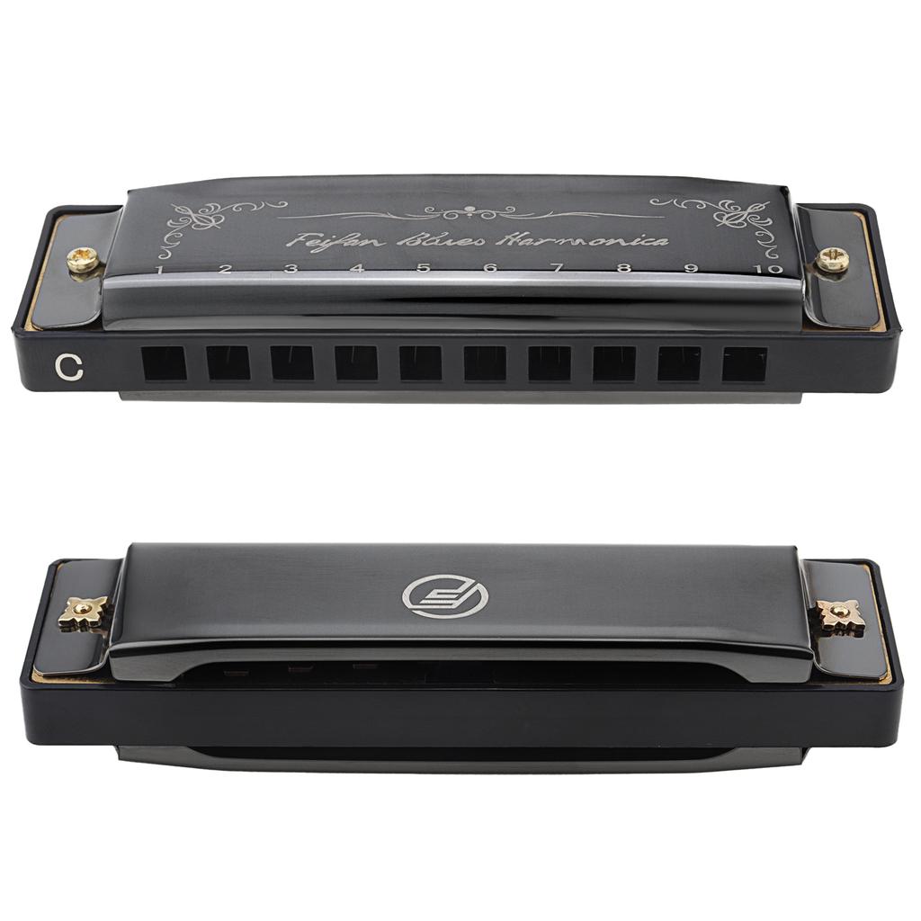 10 Holes KeyC Blues Harmonica Beginner Gifts Brass Reed Plate Black Mouth Organ 20 Tunes
