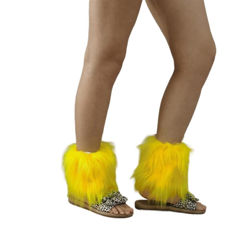 Fuzzy Boot Cuffs Leg Warmer for Women Girl Aesthetic Vintage Solid Color Bright Yellow Plush Leg Cover Knee Length Socks