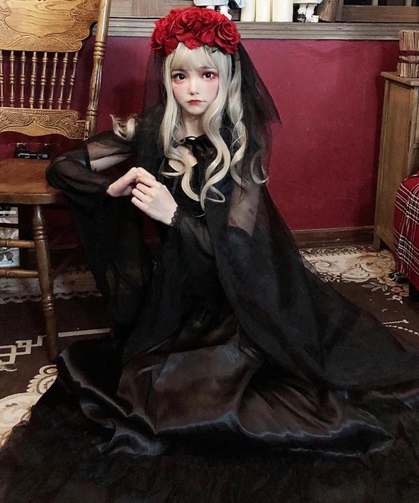 Milky Time Halloween Cosplay Zombie Vampire Ghost Costume with Rose Bride, Cute and Sexy Zombie Bride Long Black Hair (M)