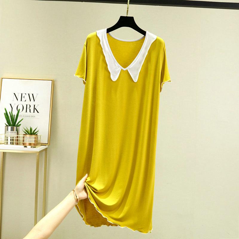 Modal Cotton Doll Collar Nightdress - Short Sleeve, Medium-Long, Loose Fit for Women