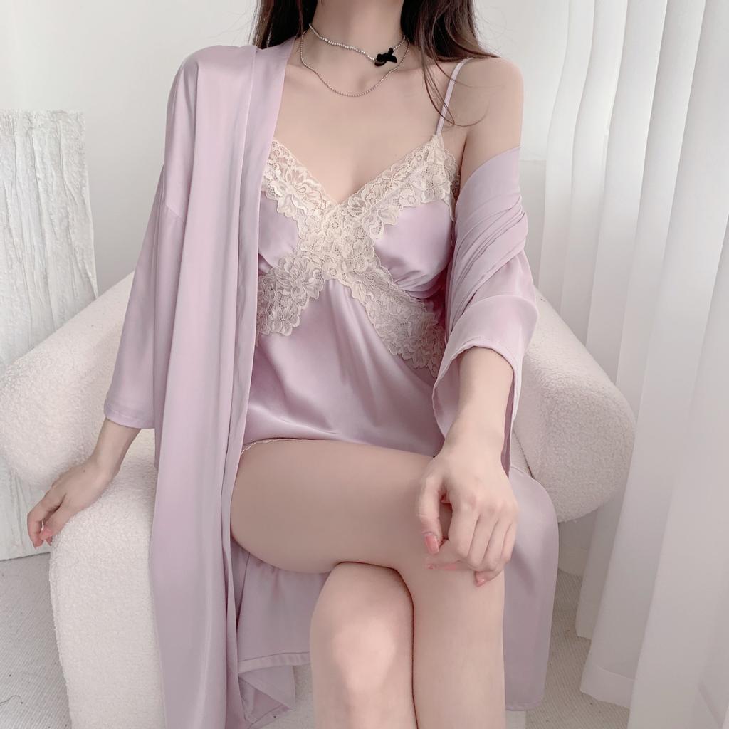 Růžový krajkový lem nevěsty svatební župan dámský 3dílný set pyžamového oblečení hedvábný saténový kimono župan šaty jaro léto volný saténový domácí oblečení