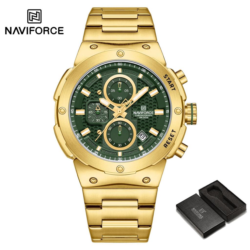 Naviforce Męski Zegarek Kwarcowy Wskazówkowy Stoper Chronograf Wodoodporny Pasek Ze Stali Nierdzewnej Kalendarz Luminescencyjny Męski Chłopięcy Modny Zegarek Casualowy NF8072