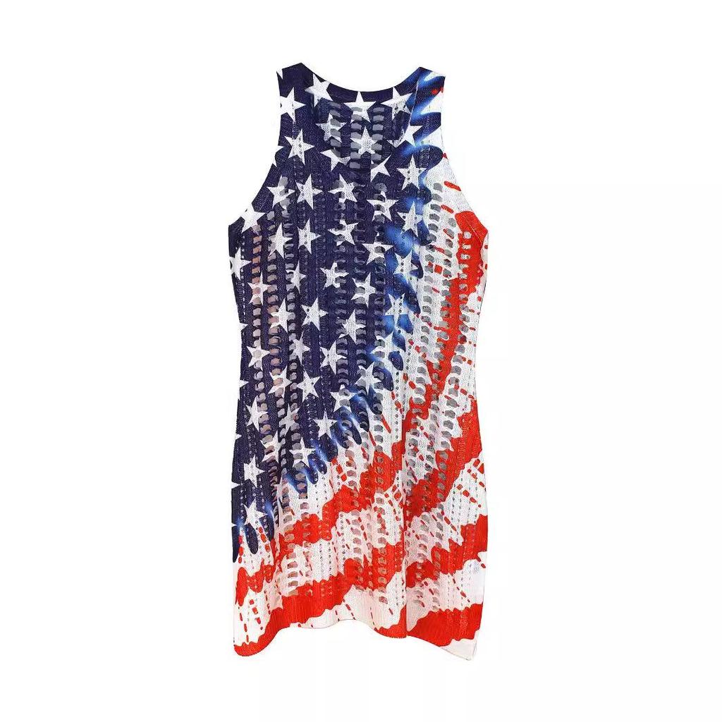European and American Flag Pattern V-Neck Sleeveless Pullover for Spring/Summer Beach Vacation