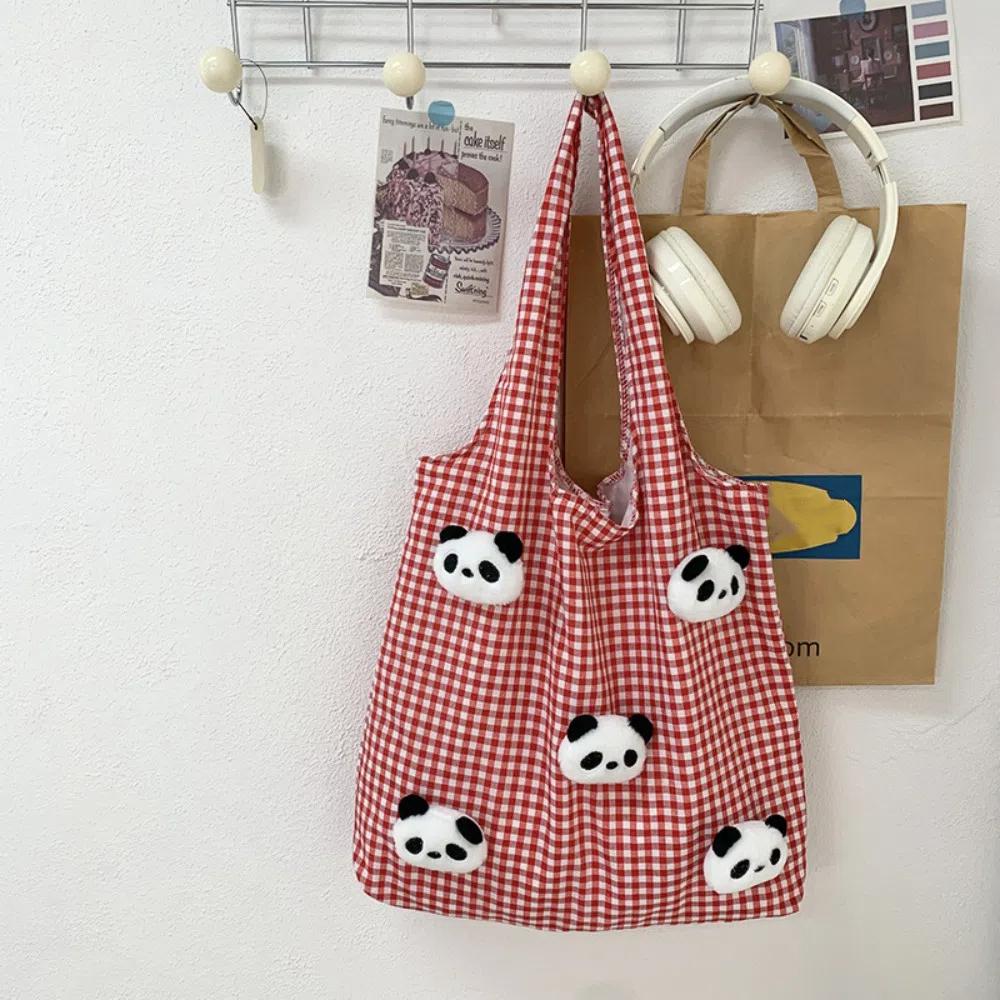 Vacation Canvas Shopping Bag Panda Doll Office Worker Handbag Casual Plaid Shoulder Bags  Outdoor