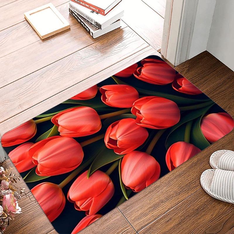 Beautiful Red Tulip Printing Non-Slip Small Rug Waterproof Easy To Clean Floor Mat for Indoor Outdoor Use Durable Home Decor
