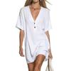 Summer Women's Loose V-Neck Short Sleeve Button Cotton Linen Dress, Casual European American Style Fashion Dress