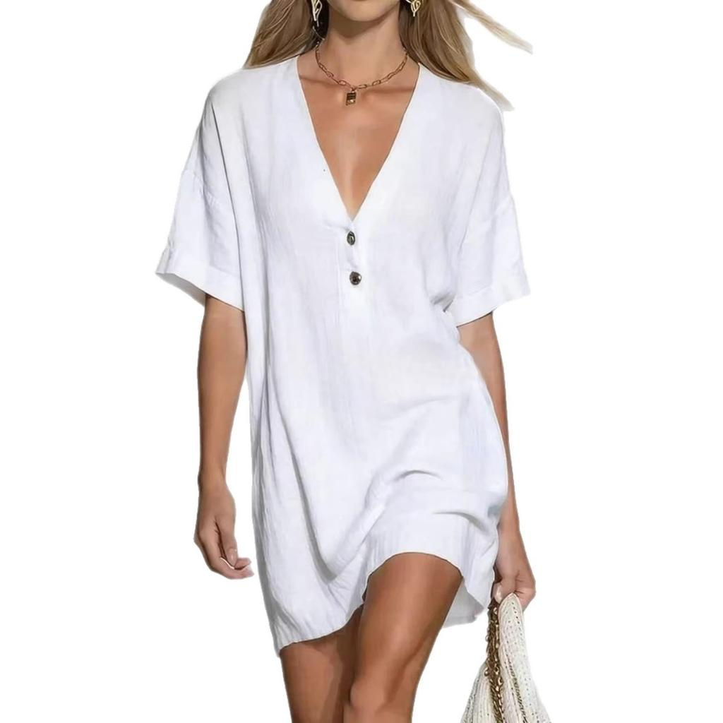 Summer Women's Loose V-Neck Short Sleeve Button Cotton Linen Dress, Casual European American Style Fashion Dress