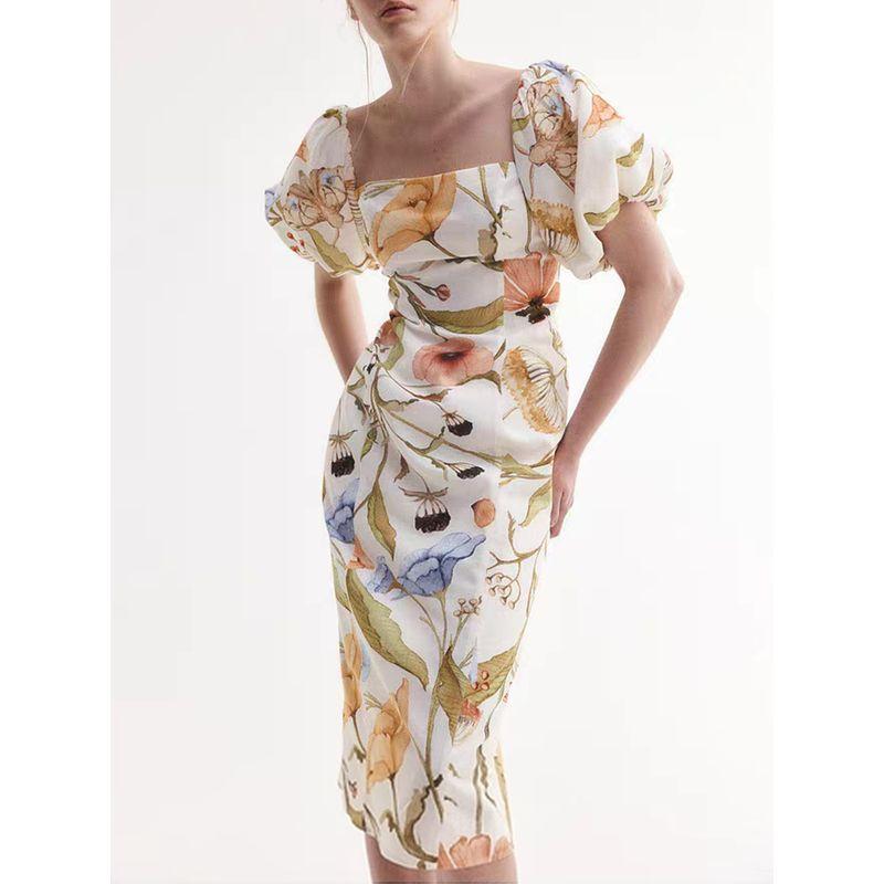 Za2025 Summer New Product Women's Clothes French Square Collar Puff Sleeve Print Silm off-the-Shoulder Dress 1272220