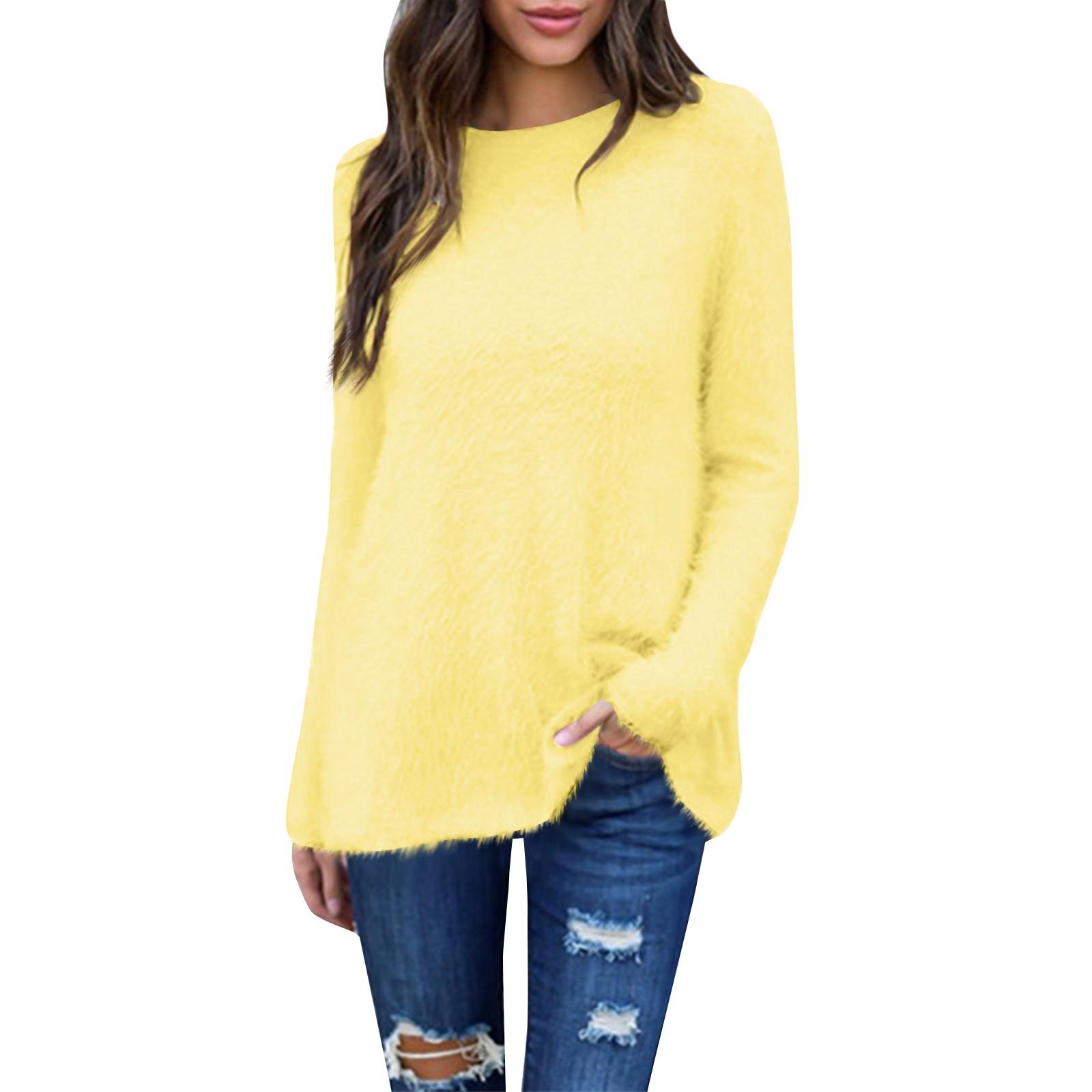 

Women s Fashion Loose-Fit Round Neck Long-Sleeve Sweater Casual Solid Color Top XXL жёлтый