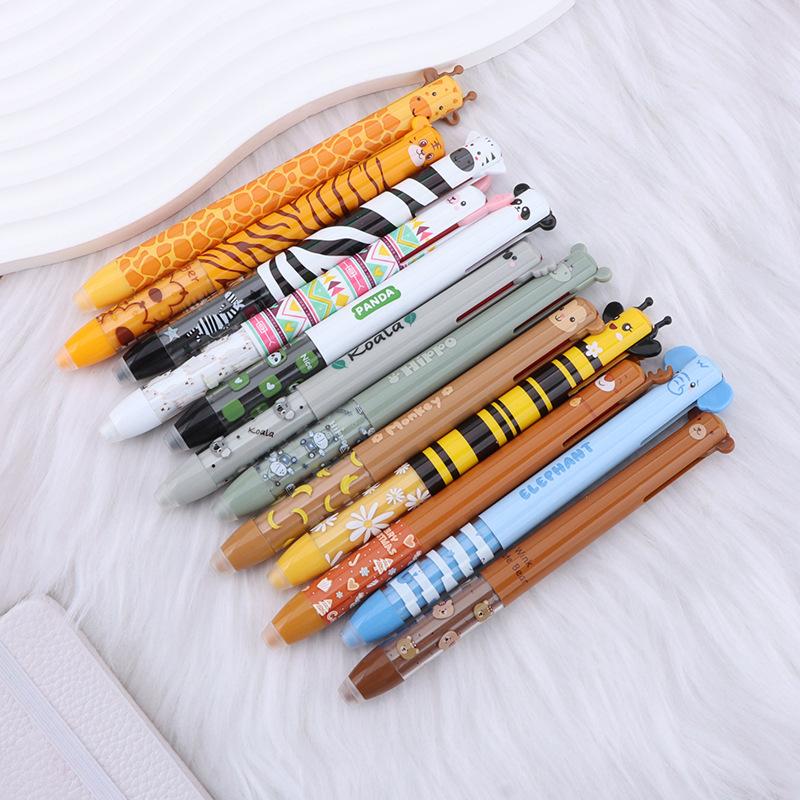2Pcs Multifunctional Erasable Neutral Pens Animal Design Quick-Drying Gel Pen Double Ink Color Pens Writing Tool School Supplies