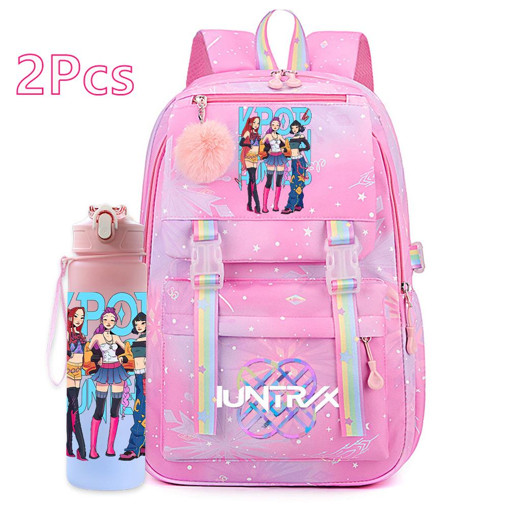 2Pcs/set Cartoon Kpop Printed Backpack with 750Ml Water Bottler for Teenager Girl Boy Bookbag Kid Gift Large Capacity Travel Bag Mochila