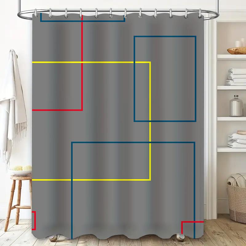 Contemporary Geometric Design Shower Curtain Waterproof Fabric For Bathroom Decor In Gray With Red And Blue Accents (72 X 84 Inc