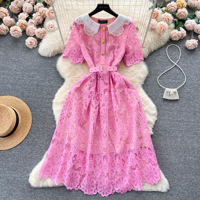 Moda verão gola boneca mangas curtas rendas crochê vestido de festa feminino novo elegante midi vestidos de casamento de noite