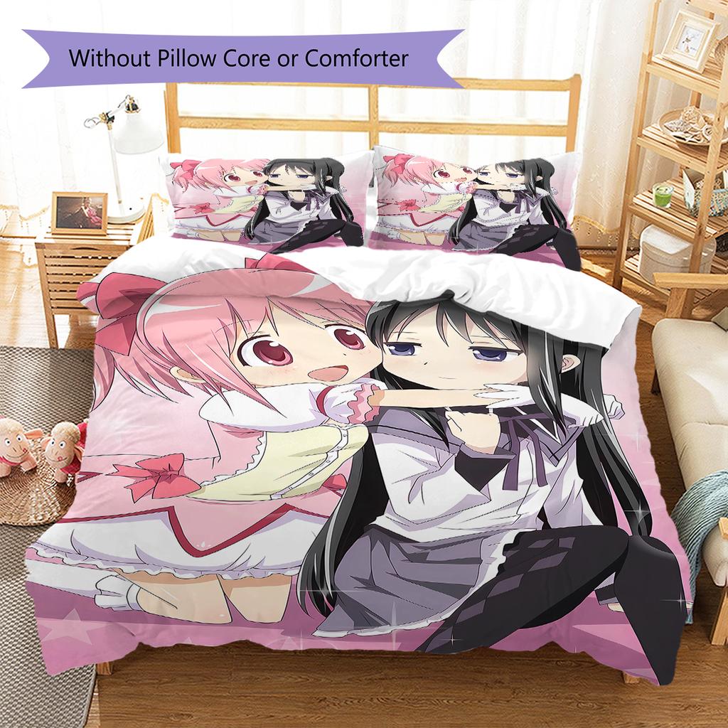 Puella Magi Madoka Magica Vzorované povlečení, Sada přikrývek Povlak na přikrývku Povlak na polštář Domácí dárek k narozeninám (1 * povlak na peřinu + 2 * povlak na polštář, bez jádra)