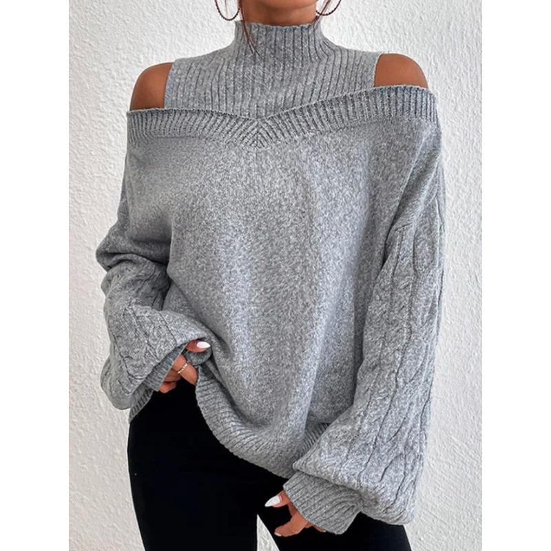 Off-the-shoulder Sweater Pullover for Autumn and Winter, New Loose Semi-high Neck Lantern Sleeve Knitted Sweater for Women