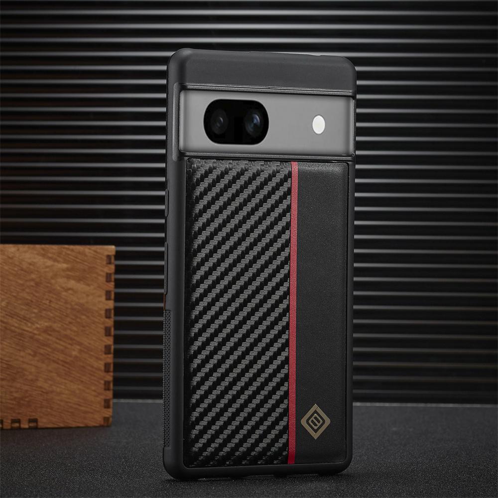 Case for Google Pixel 7,Pixel 7a,Pixel 7 Pro,Pixel 8,Pixel 8 Pro.Carbon Fiber PU Splicing Fine Grain PU Paired with Red Vertical Stripes Phone Case