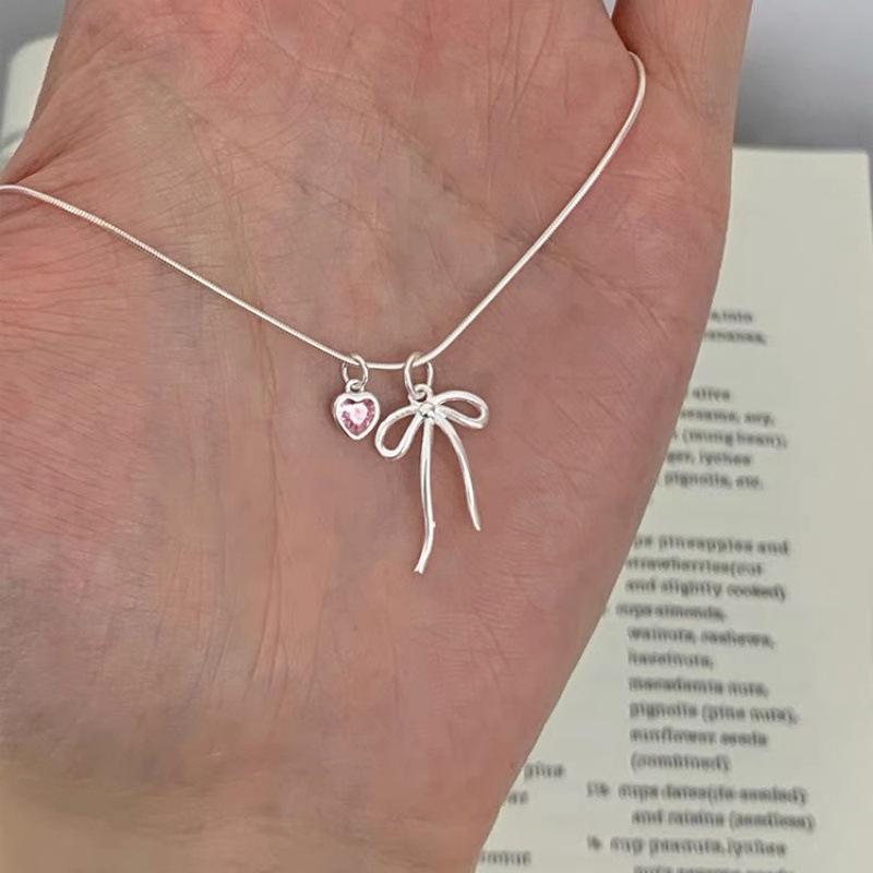 Pink Diamond Heart Pendant Snake Bone Necklace - Bow Sweetheart Choker for Women, Stylish Summer Design