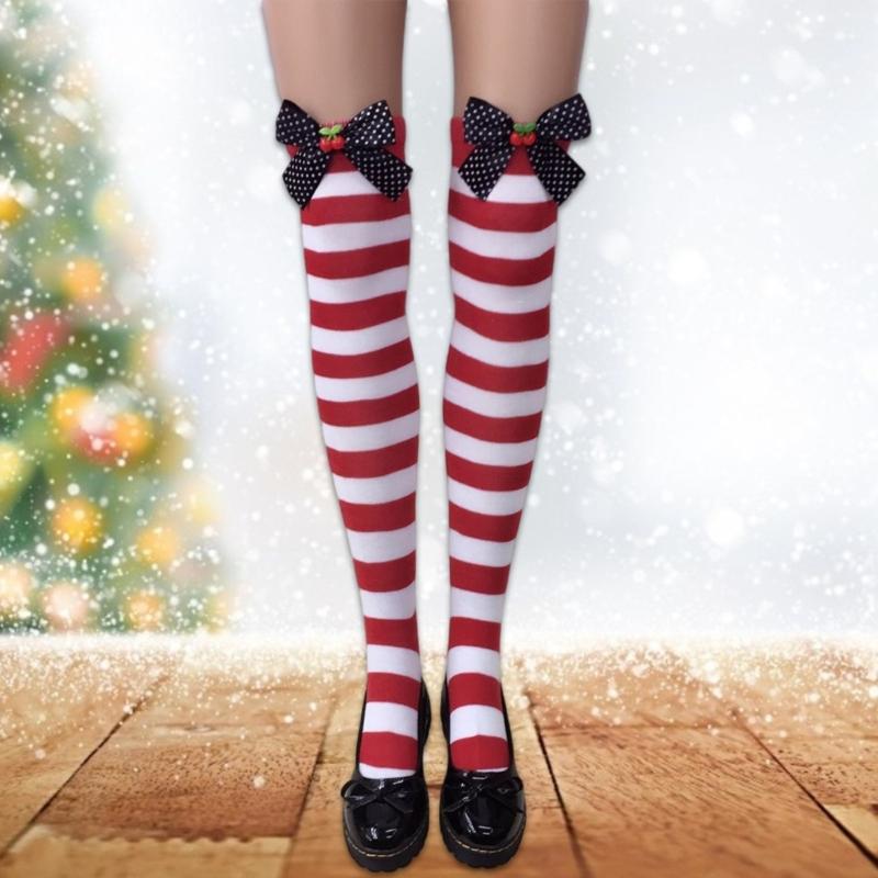 Festival-Schleifenakzent Gestreifte Lange Socken für Damen Weihnachtsfeiern Cosplay Oberschenkelhoch Über dem Knie Strümpfe Strumpfwaren