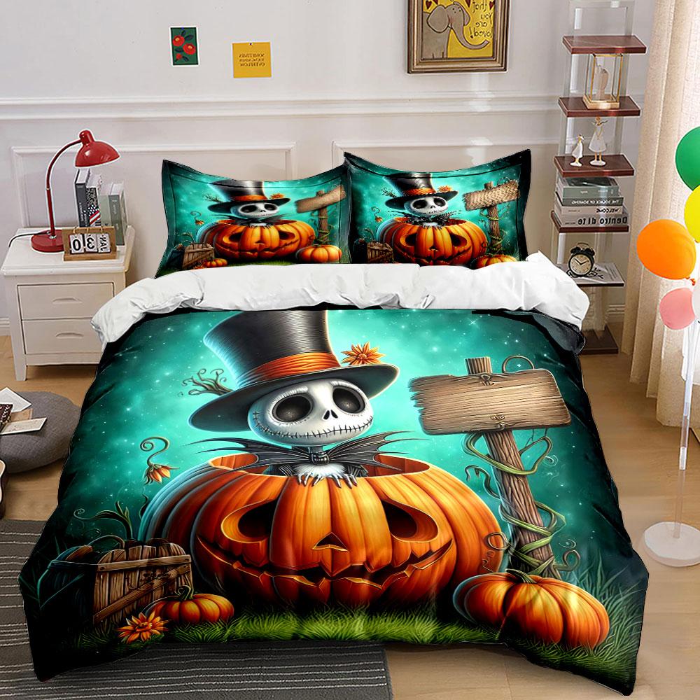 Halloween Skeleton in Pumpkin Bedding Duvet Cover Set Duvet Cover Pillowcases (1*Duvet Cover 2*Pillowcases, without duvet insert)
