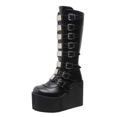 Women Knee High Boots Gothic Platform  Creepers Punk Black High Heels Sexy Ladies Wedges Shoes Plus Size 41 42 43