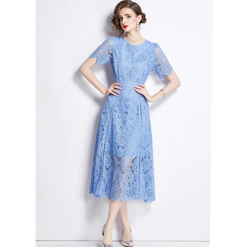 Abito da Donna Estivo Elegante Slim con Scollo a O, Manica Corta, Pizzo Intrecciato, Vintage di Alta Gamma, Abbigliamento