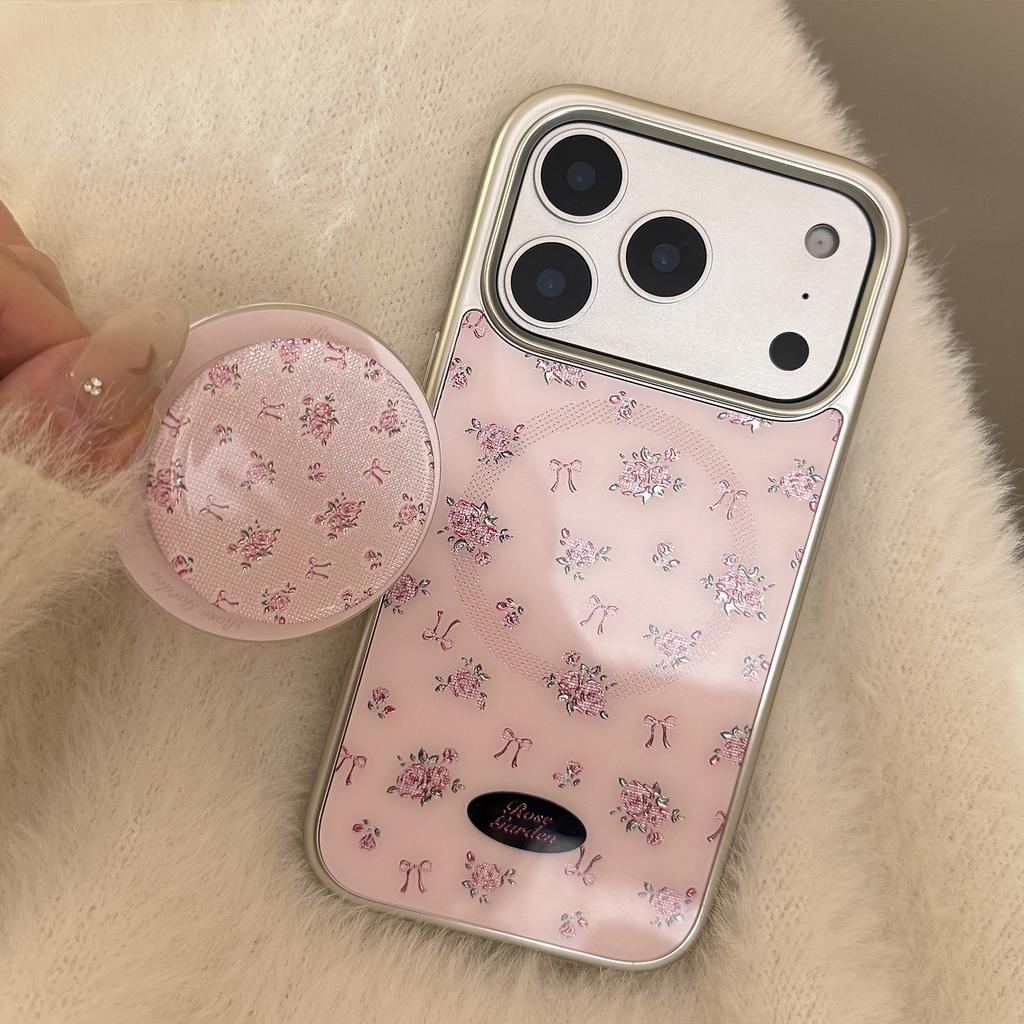 Guld Krossad Blomma för Apple 17 Promax Mobilskal 15 Magnetisk Hållare för IPhone 16 Elektroplätering 14 för Huawei