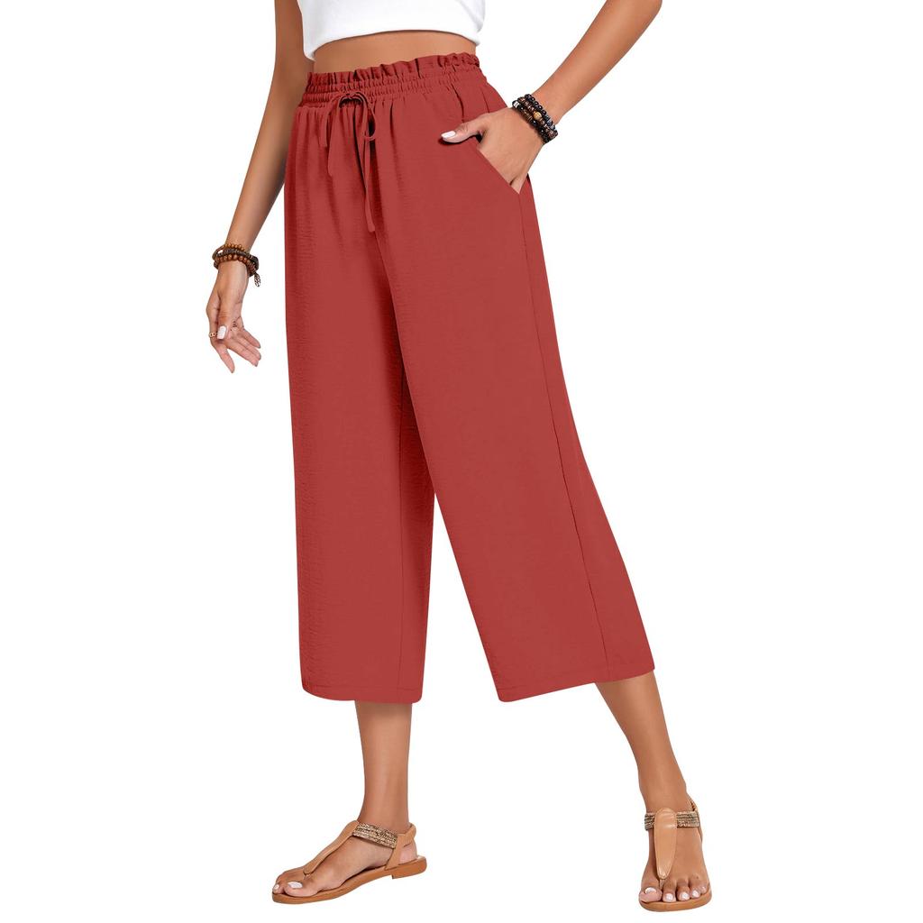 Damen Square Pocket Elastischer Bund Cropped Hose Lässige Baumwoll- und Leinenhose