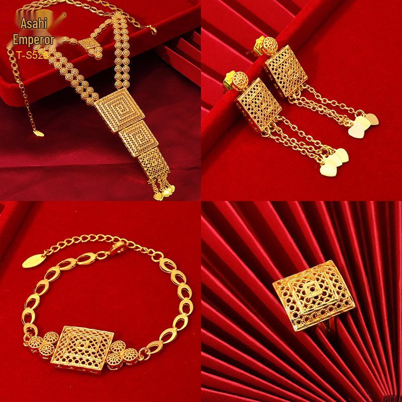 Dubai Wedding Jewelry Set: Ethnic Brass Gold-Plated Necklace, Earrings, Ring, and Bracelet.
