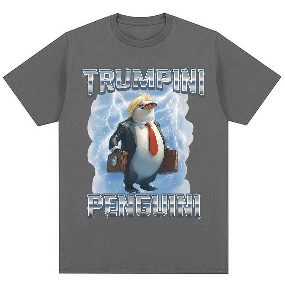 Funny Trumpini Penguini Meme Print T Shirt Italian Brainrot Humor Trendy Short Sleeve Men Women Loose Cotton T-Shirts Streetwear
