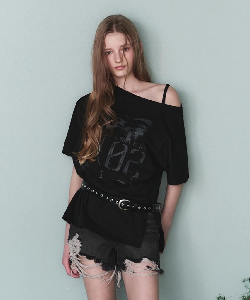 Ledeoli Vintage Slit One-Shoulder Short Sleeve T-Shirt [Black]