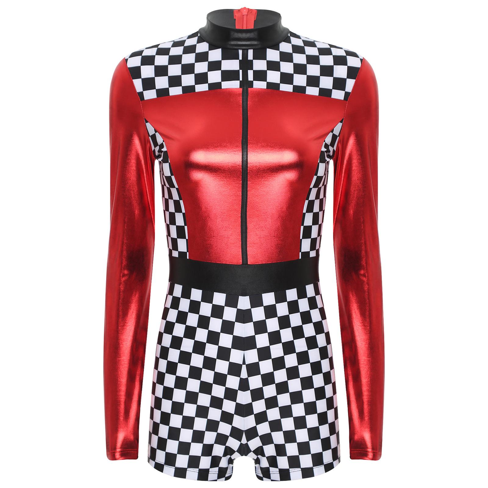 

Womens Contrast Racer Romper Long Sleeve Bodysuit Boyshorts Checkerboard Print Driver Jumpsuit Halloween Party Costume S червоний