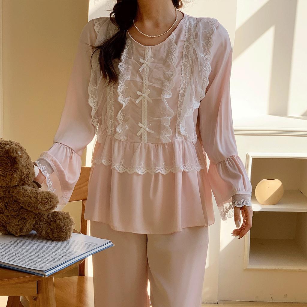 Spring and Autumn New Satin Silk Crew Neck Lace Long Sleeve Pants Pajamas Sexy Ice Silk Thin Two-piece Set