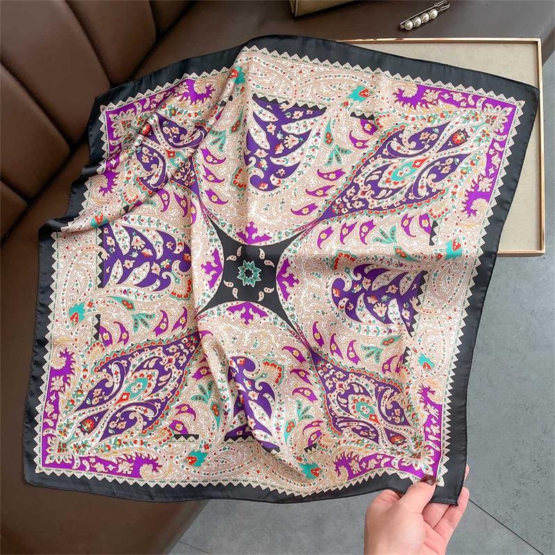 Vibrant Purple Luxury Square Scarf Women 70x70cm Silk Scarves Orange Edge Boho Print Spring Summer Beach Cover Bandana Shawl