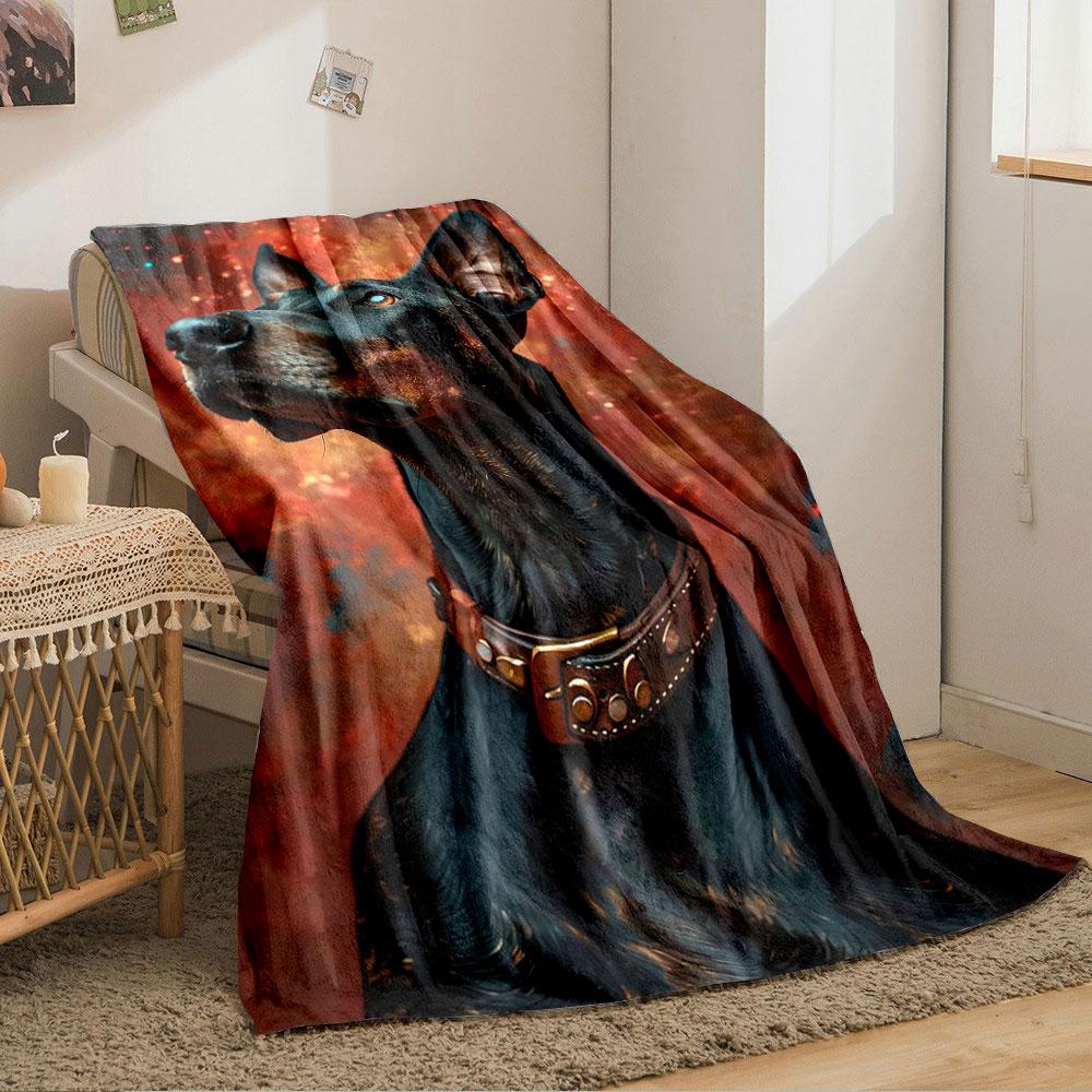 A black Doberman with a studded collar against a fiery, glowing backdrop. for all seasons blanket lunch break throw gift
