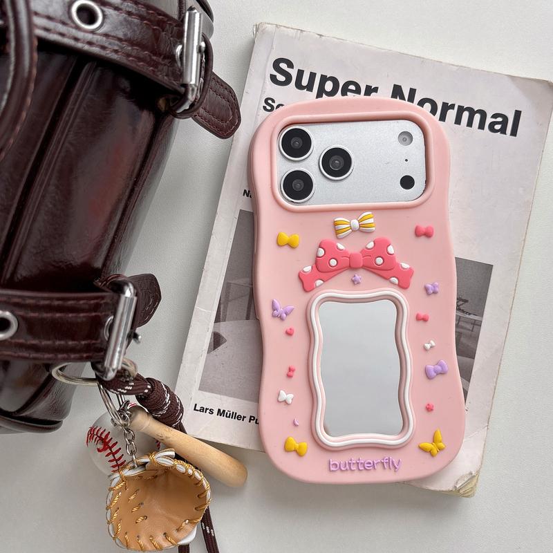 Cute 3D Butterfly Bow Case for iPhone 17 Pro Max 12 13 14 15 16 Plus 16E Soft Silicone Makeup Mirror Cover