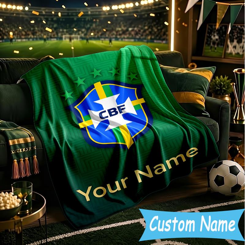 Custom Name Brazilian Football Federation Emblem Flannel Blanket, Use for Birthday/Holiday Gift, Soft Blanket for Sofa/Bed/Camping/Office, Home Decor
