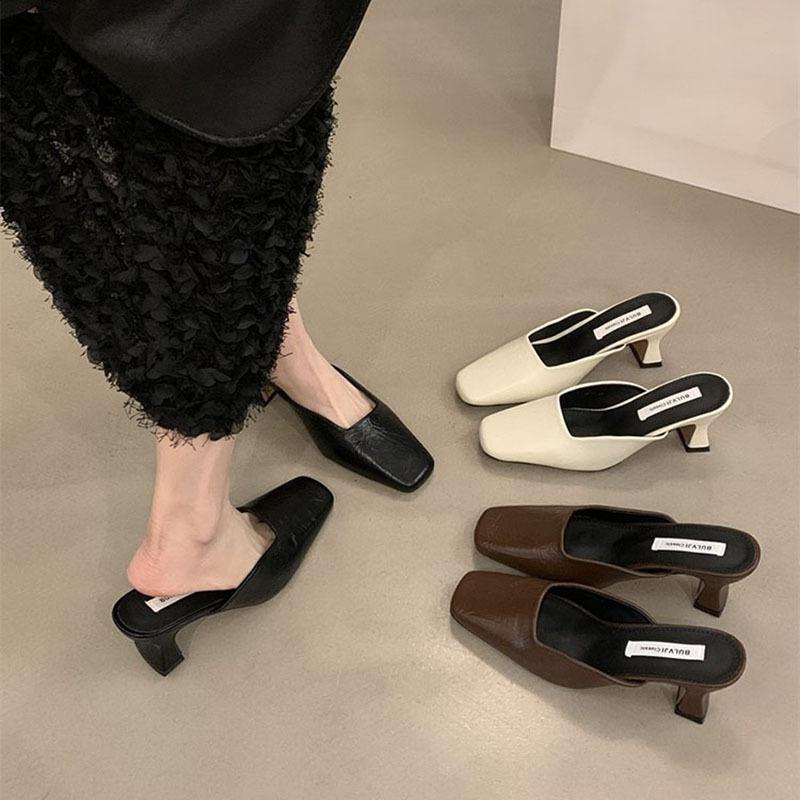 Nai Pie~ High-heeled Bag Head and Half Slippers for Women's Outer Wear for Women's Summer New Thick Heels, Not Tired, Shallow-mouthed Square Head Sing