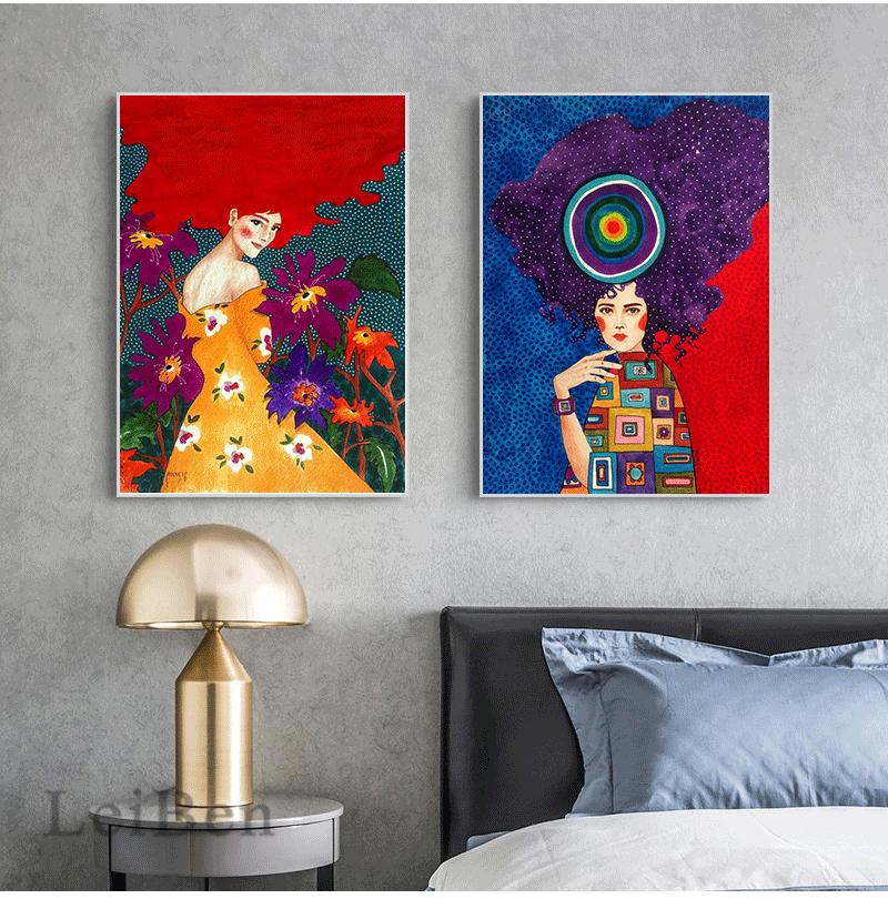 Abstract Girl Hair Flower Bird Wall Art Canvas Painting Vintage Nordic Prints Wall Pictures For Living Room No Frame
