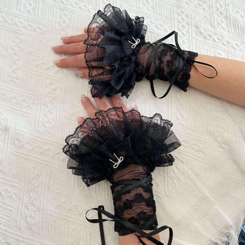 Elegant Lace Fingerless Oversleeve Sleeves Ruffled Wrist Cuffs Strappy Bow Gloves  Gothic