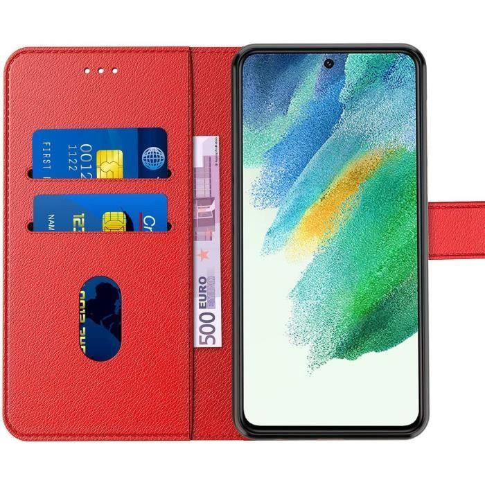 Coque de Protection - PROSHOP - Samsung S21 FE - Rouge - Effet Cuir - Porte-Carte