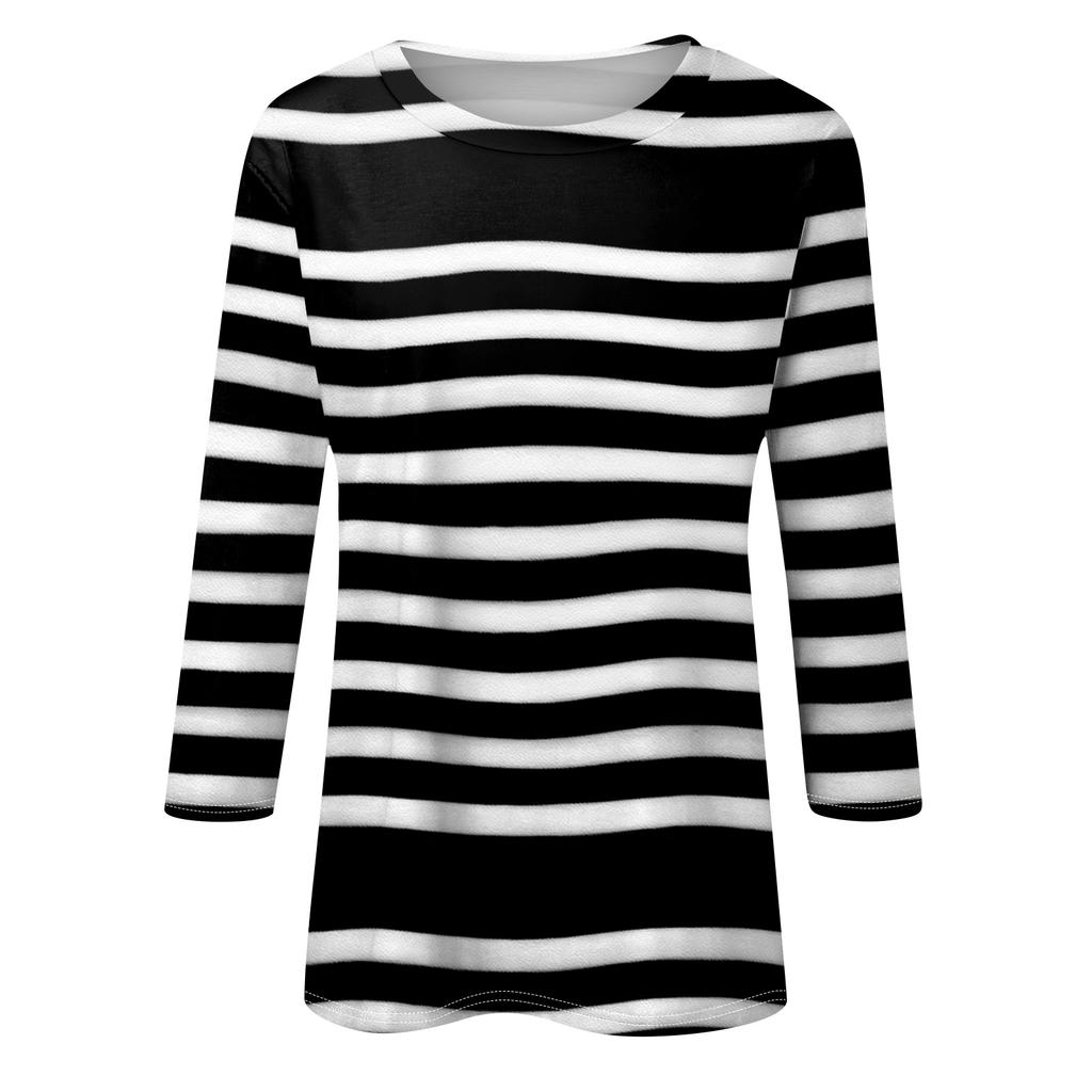 Women's Fashionable Casual Round Neck Three,quarter Sleeve Striped Printed T,shirt Top