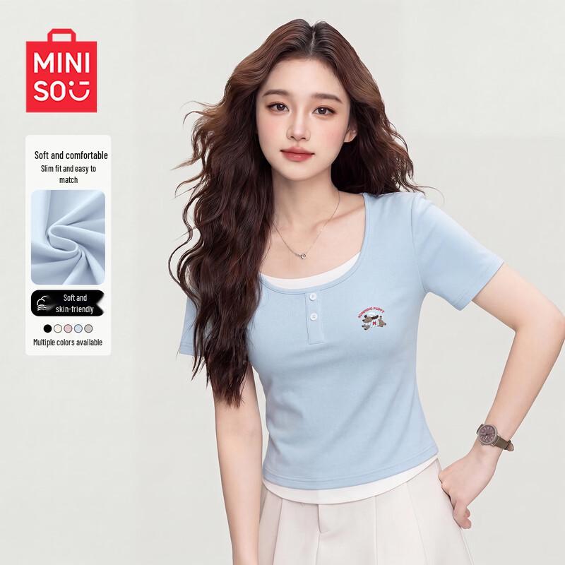 MINISO Women s Slim Fit Short Sleeve Henley T-shirt L