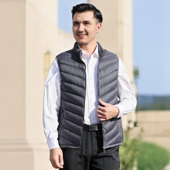 Men Cotton Vest Stand Collar Sleeveless Zipper Closure Thermal Jacket with Pockets Solid Color Winter Waistcoat
